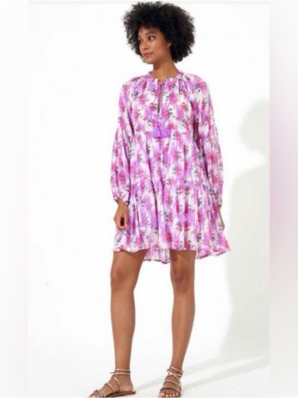 Oliphant Balloon Sleeve Dress Silk Cotton Women's Size XS Boho Tassel Tunic